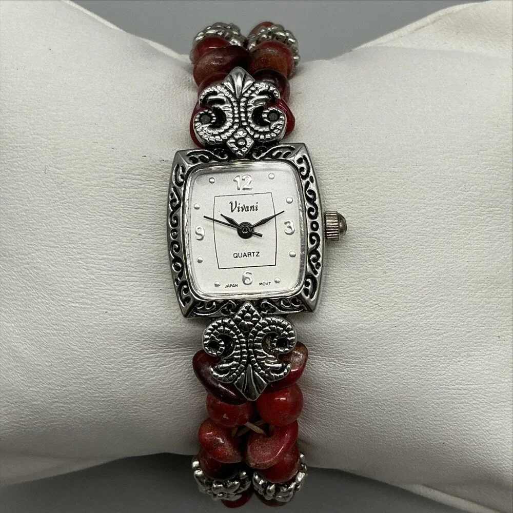 Vivani Womens Watch 18mm Silver Tone Red Beaded Stretch Band New Battery